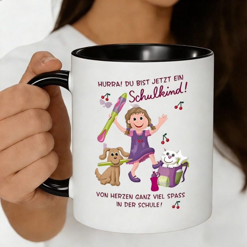 Tailorly Black Accent 11 oz Mug - happy girl dog cat cherry