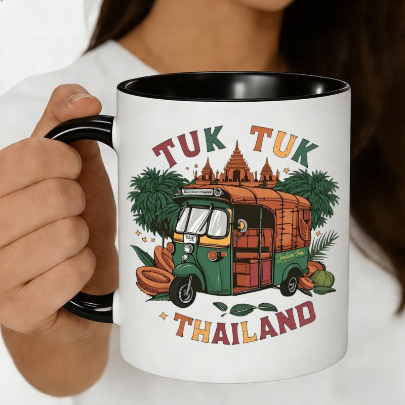 Tailorly Black Accent 11 oz Mug - retro auto rickshaw， temple， palm leaf