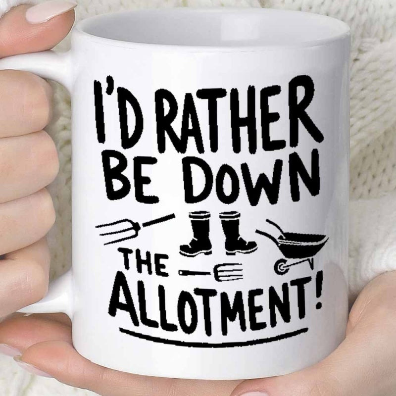Tailorly White Ceramic 11 oz Mug - Id Rather Be Down The Allotment Simple Rustic Silhouettes Of Boots Wheelbarrow And Hand Tools Gardening