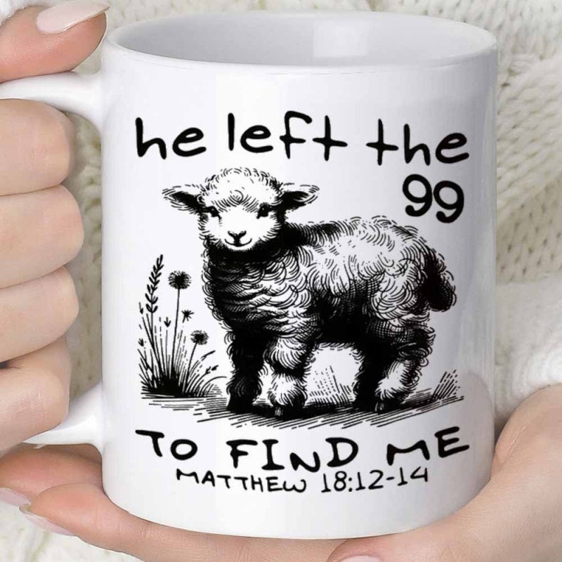 Tailorly White Ceramic 11 oz Mug - He Left The 99 To Find Me Matthew 18 12 14 Hand Drawn Sketch Style Small Fluffy Standing Among Meadow Flowers Lamb