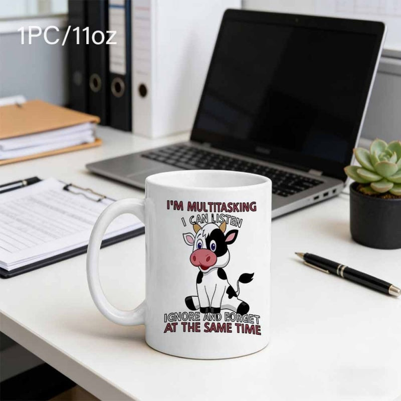 Tailorly White Ceramic 11 oz Mug - Im Multitasking I Can Listen Ignore And Forget At The Same Time Adorable Spotted Sitting Heifer With Tiny Horns And Pink Snout