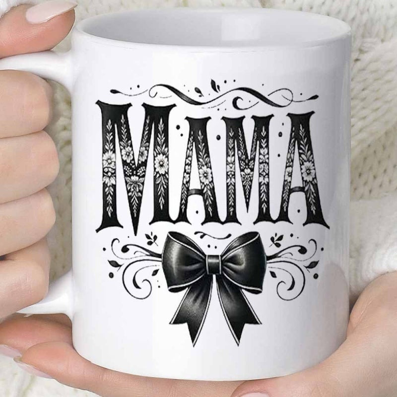 Tailorly White Ceramic 11 oz Mug - Mama Ornate Floral Details Inside Bold Letters Above Dark Satin Bow