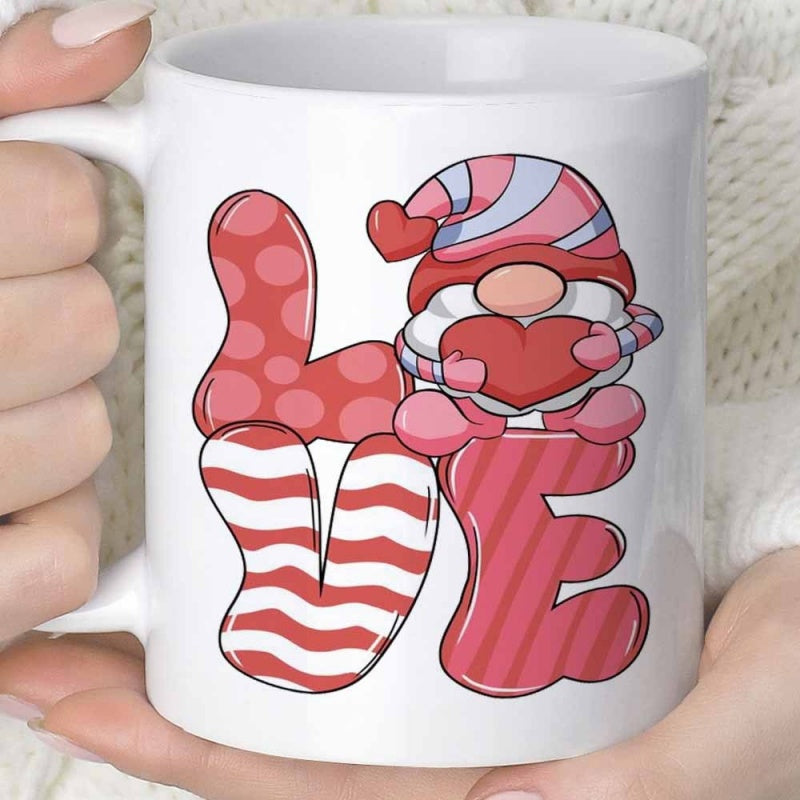Tailorly White Ceramic 11 oz Mug - Love Adorable Cartoon Valentine Theme Featuring Striped Hat And Heart Gnome