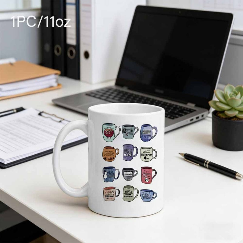 Tailorly White Ceramic 11 oz Mug - Minimalist Grid Of Multiple Small Artistic Beverage Containers Pattern Mug