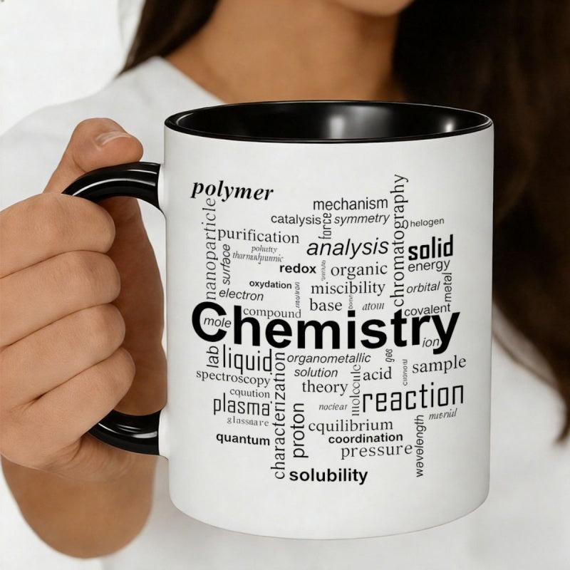 Tailorly Black Accent 11 oz Mug - chemistry word cloud with nanoparticle， reaction， acid words