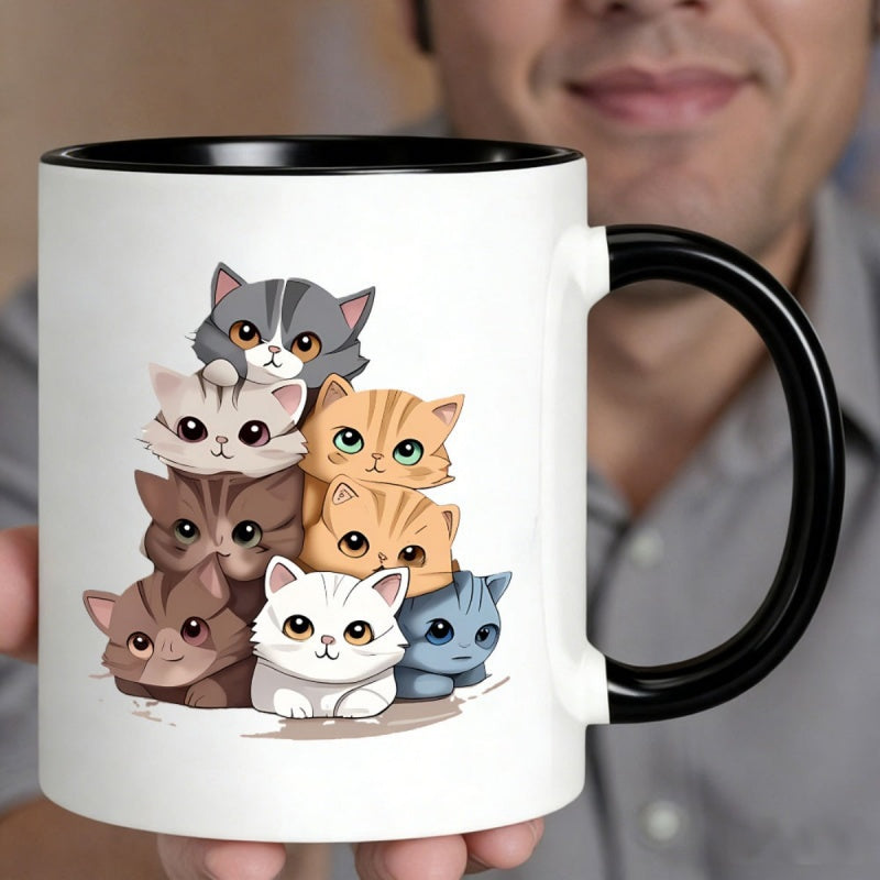 Tailorly Black Accent 11 oz Mug - adorable multi colored cartoon for cats stacked design cute kitten