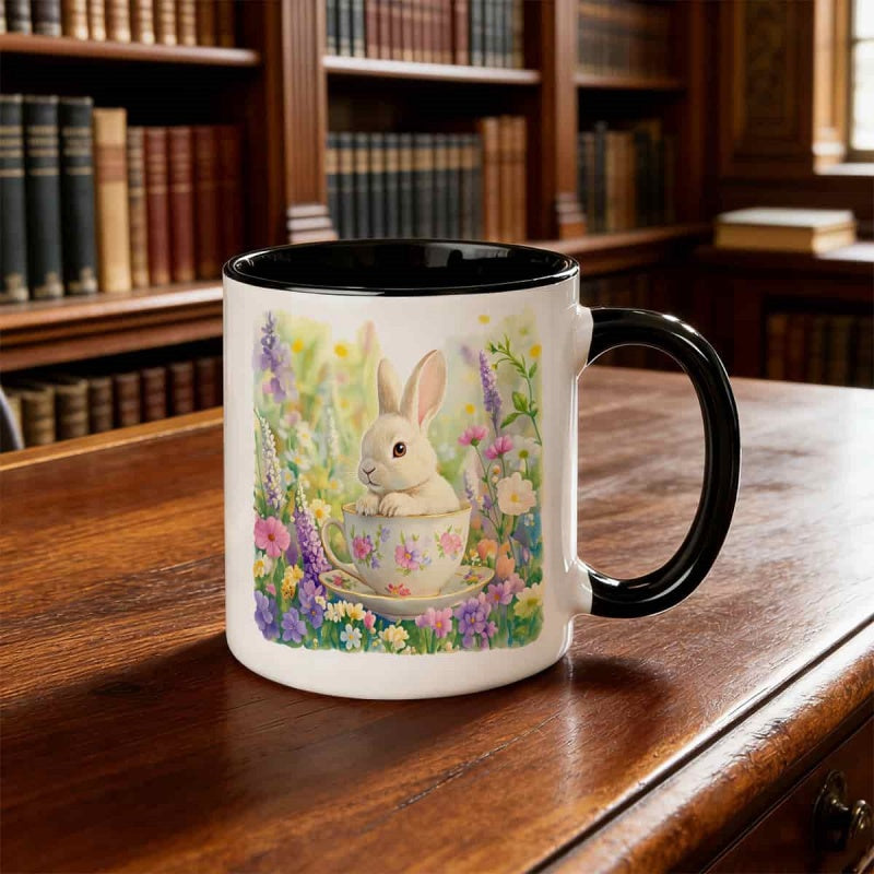 Tailorly Black Accent 11 oz Mug - rabbit with floral pattern