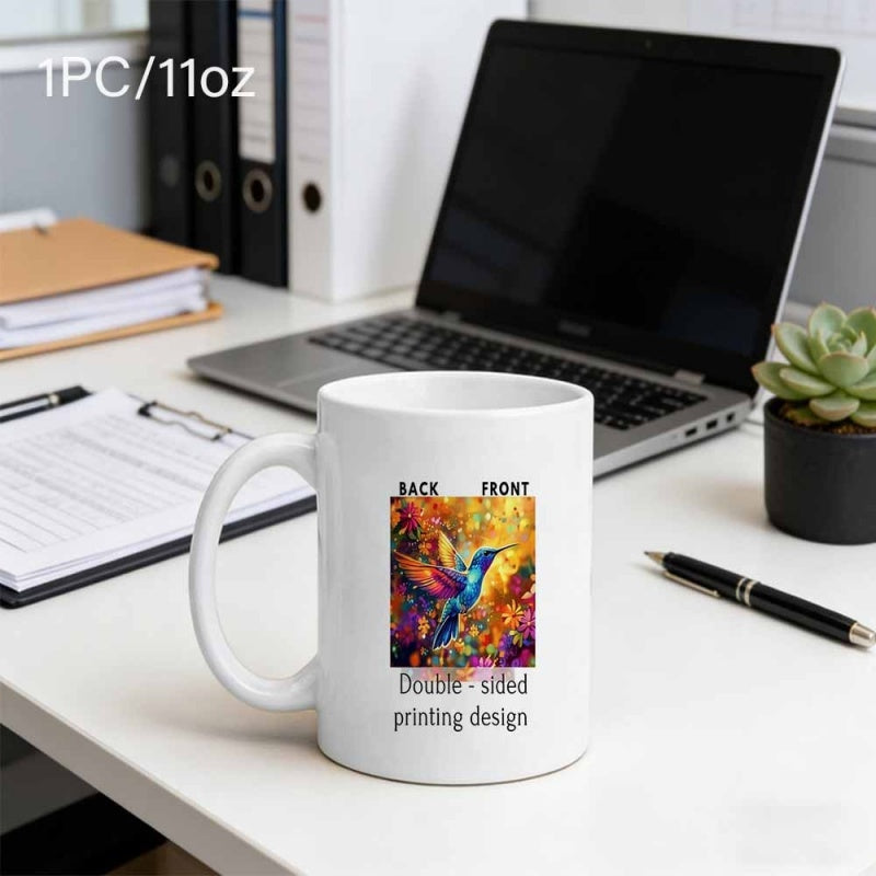 Tailorly White Ceramic 11 oz Mug - Double Sided Printing Design Vibrant Colorful Wings Flying Among Golden Floral Blooms In Enchanting Garden Hummingbird