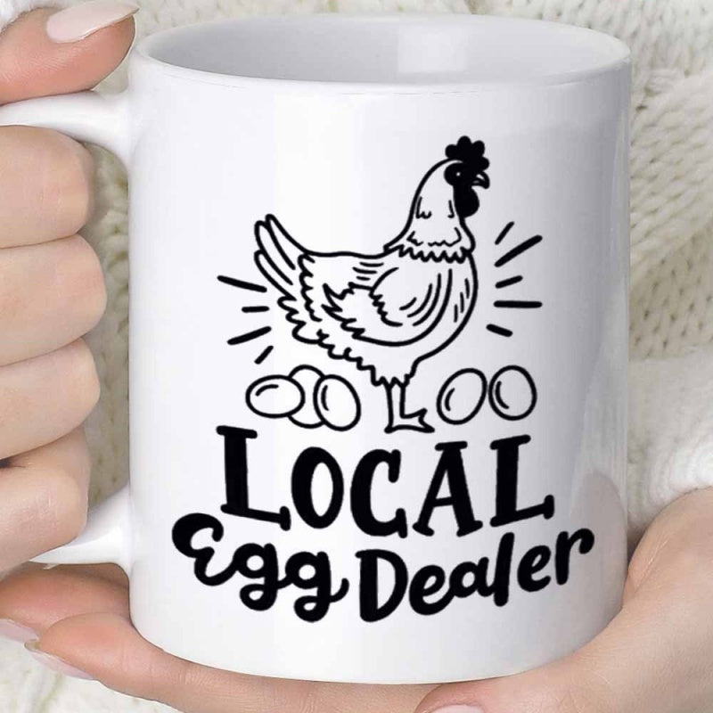 Tailorly White Ceramic 11 oz Mug - Local Egg Dealer Minimalist Black Line Art Of A Hen Standing Over Eggs Chicken