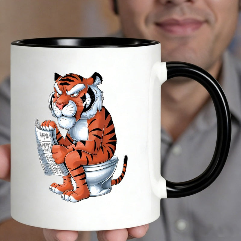 Tailorly Black Accent 11 oz Mug - angry tiger reading newspaper on toilet