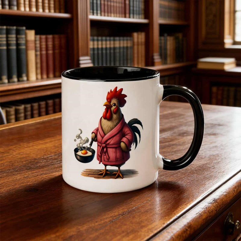 Tailorly Black Accent 11 oz Mug - cartoon chicken preparing breakfast