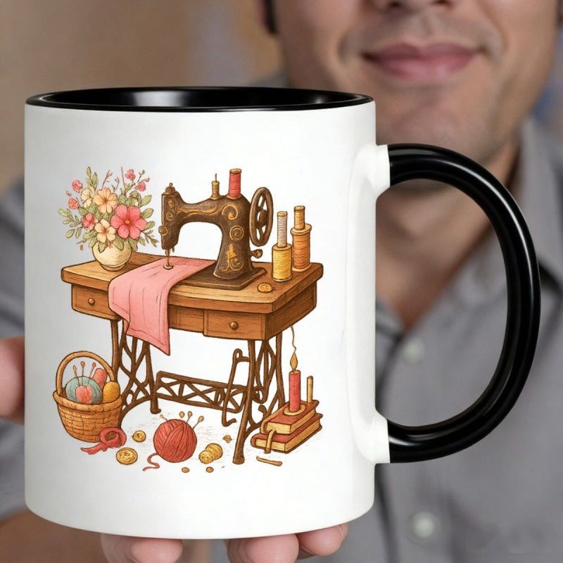 Tailorly Black Accent 11 oz Mug - vintage sewing machine floral sewing elements flowers thread knit