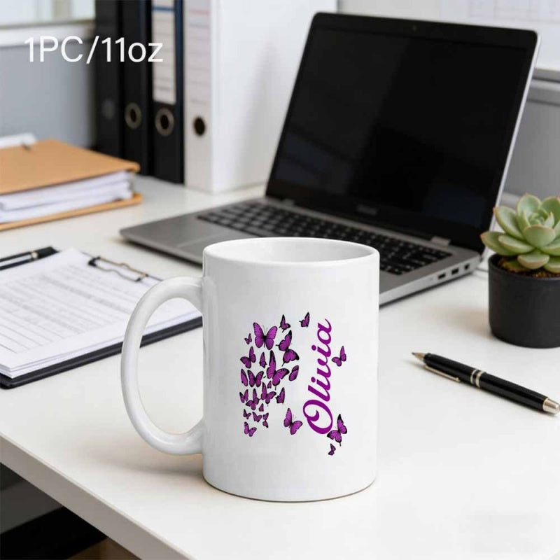 Tailorly White Ceramic 11 oz Mug - Olivia Vibrant Purple Fluttering Butterflies Flying Upward In A Delicate Swirling Pattern Butterfly
