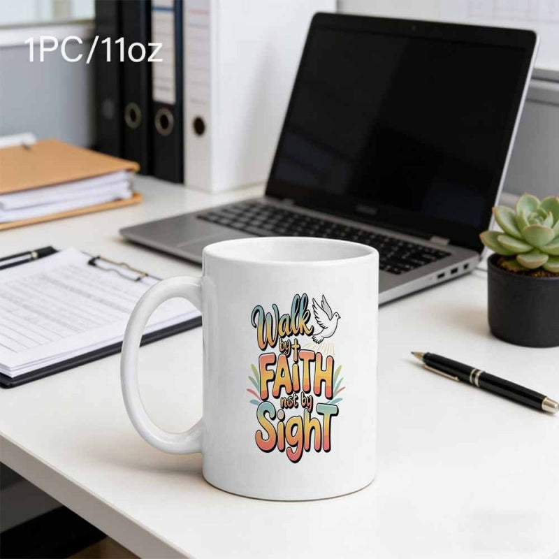 Tailorly White Ceramic 11 oz Mug - Walk By Faith Not By Sight Inspirational Retro Typography Surrounded By A Peaceful Flying Dove