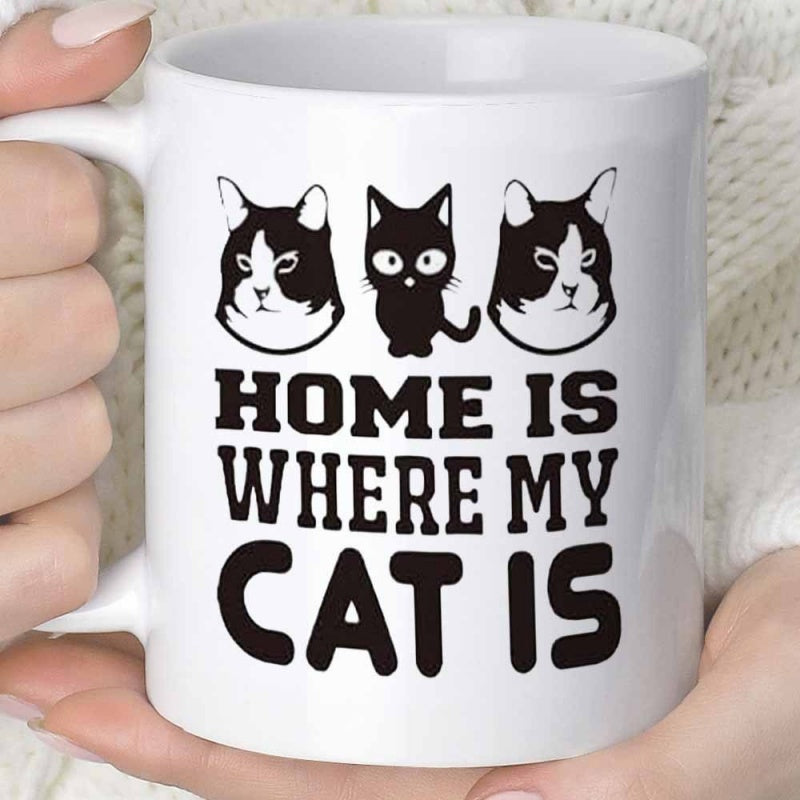 Tailorly White Ceramic 11 oz Mug - Home Is Where My Cat Is Minimalist Artistic Black And White Silhouette Illustrations Of Three Charming Cat
