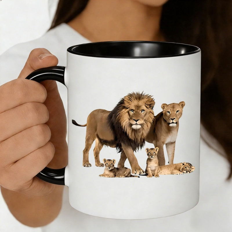 Tailorly Black Accent 11 oz Mug - lion and lioness illustration