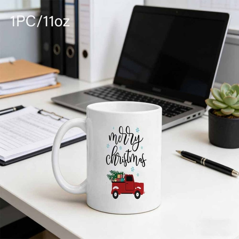 Tailorly White Ceramic 11 oz Mug - Merry Christmas Vintage Red Pickup Truck Carrying Evergreen Tree And Holiday Gifts Truck