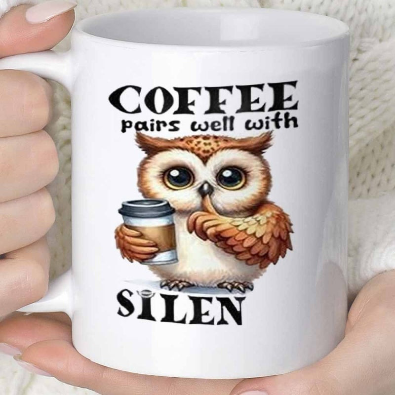 Tailorly White Ceramic 11 oz Mug - Coffee Pairs Well With Silence Small Fluffy Brown Bird Holding Steaming Coffee Cup Making Shushing Gesture Owl