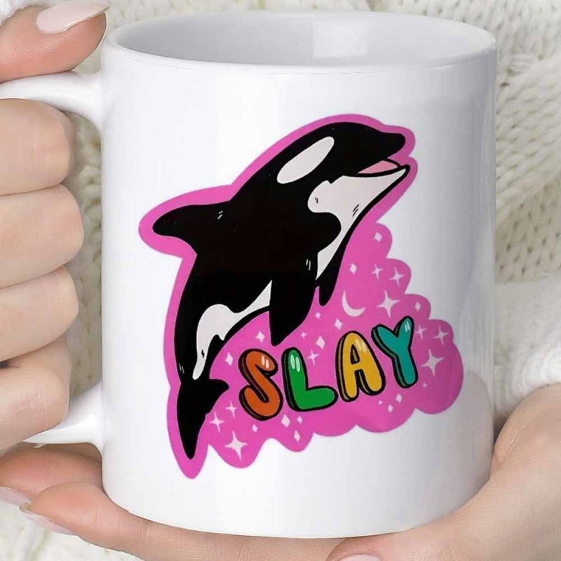 Tailorly White Ceramic 11 oz Mug - Slay Cartoon Killer Whale Jumping Above Pink Sparkling Clouds And Colorful Lettering Orca
