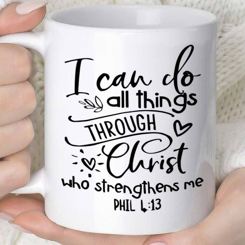 Tailorly White Ceramic 11 oz Mug - I Can Do All Things Through Christ Who Strengthens Me Phil 4 13 Decorative Heart And Leaf Elements Among Inspirational Biblical