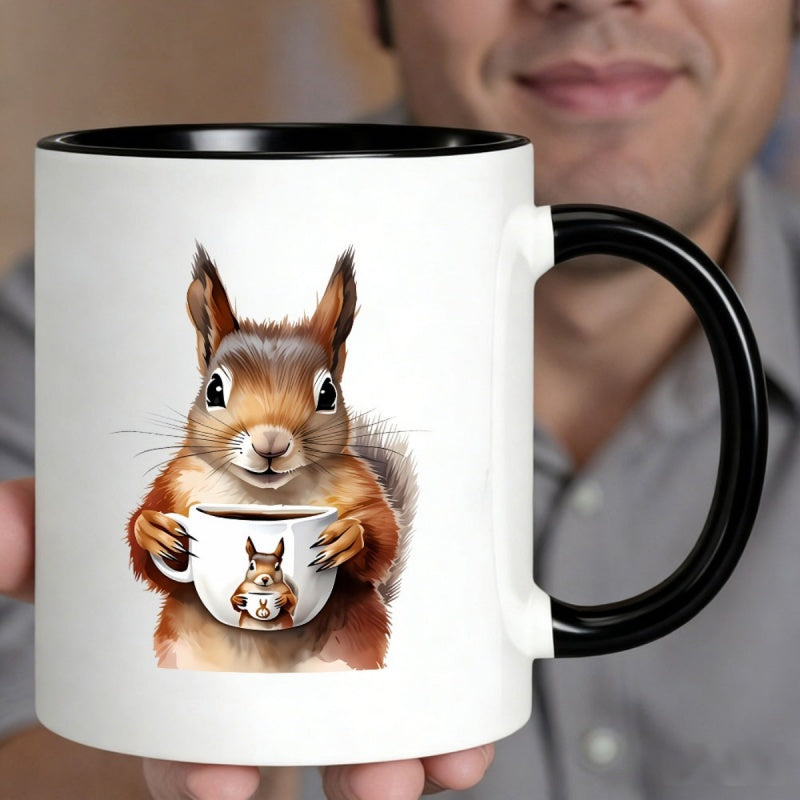 Tailorly Black Accent 11 oz Mug - cute squirrel holding coffee mug