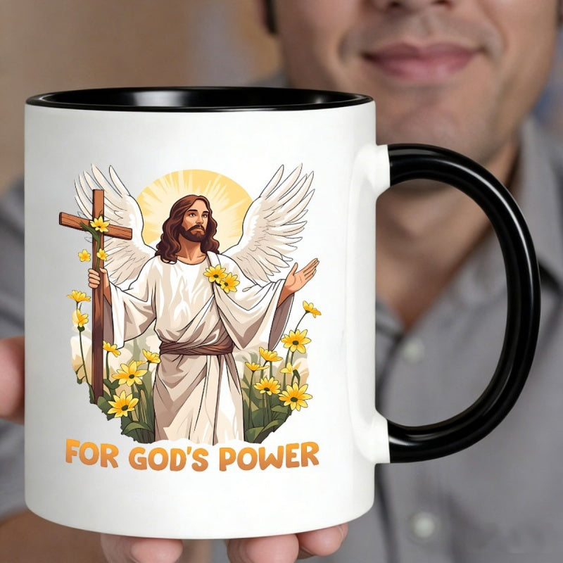 Tailorly Black Accent 11 oz Mug - gods strength angel with a cross and daisies