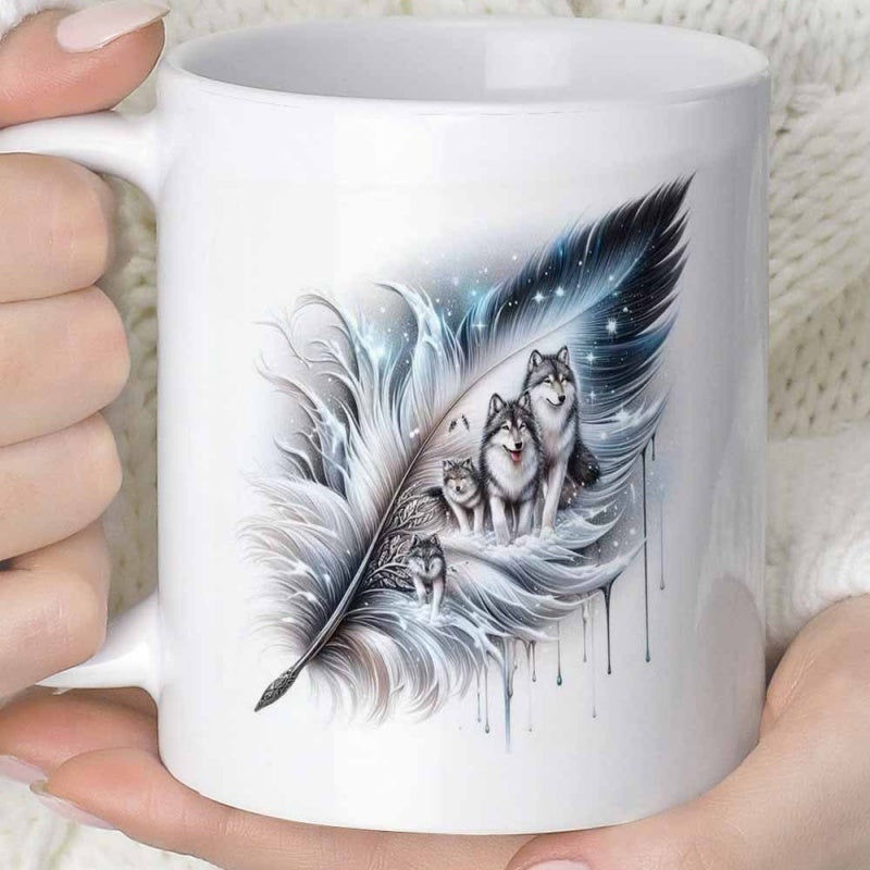Tailorly White Ceramic 11 oz Mug - Graceful Blue Feather Featuring A Family Of Majestic Wild Forest Wolf