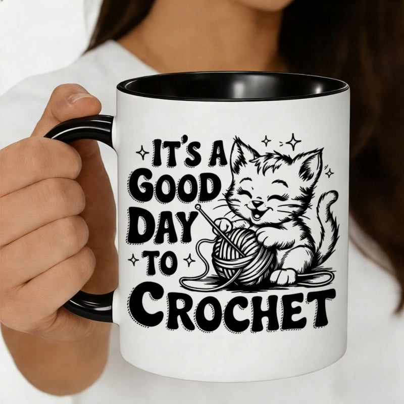 Tailorly Black Accent 11 oz Mug - cartoon cat crocheting
