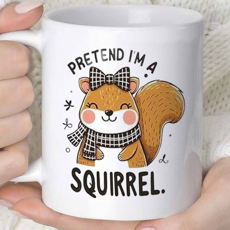 Tailorly White Ceramic 11 oz Mug - Pretend Im A Squirrel Adorable Cartoon Woodland Creature Wearing Plaid Scarf And Matching Bow Squirrel