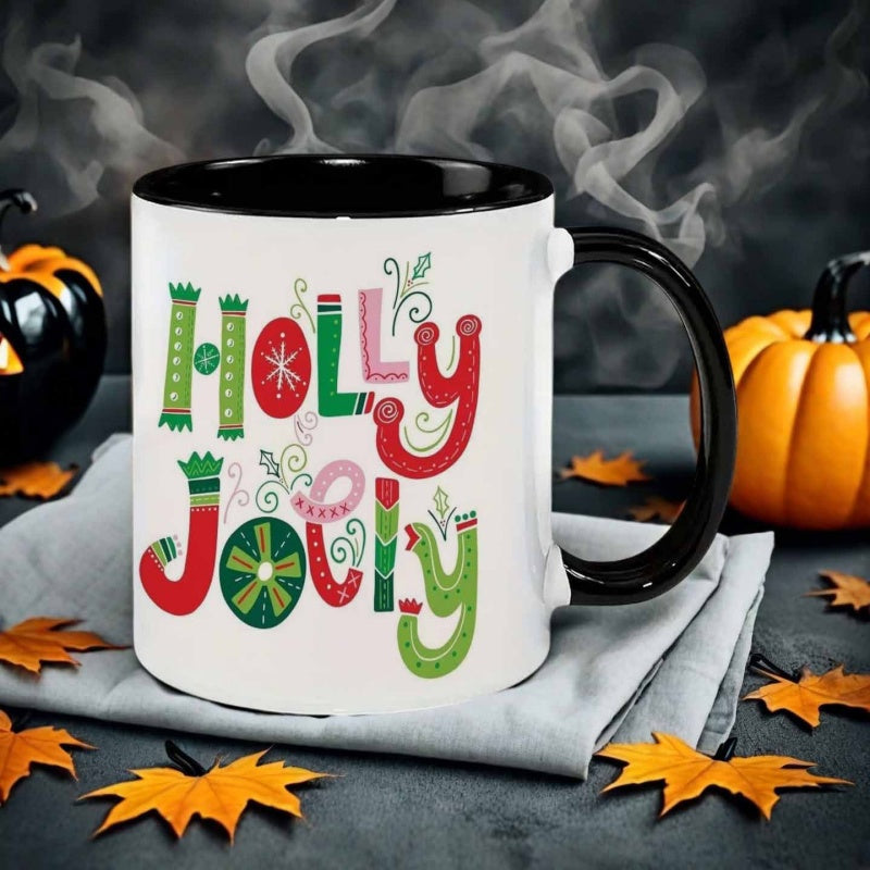 Tailorly Black Accent 11 oz Mug - snowman with colored lights in watercolor style