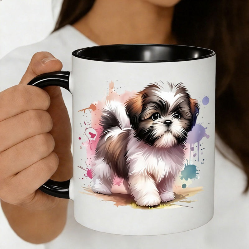 Tailorly Black Accent 11 oz Mug - watercolor illustration of a fluffy shih tzu dog