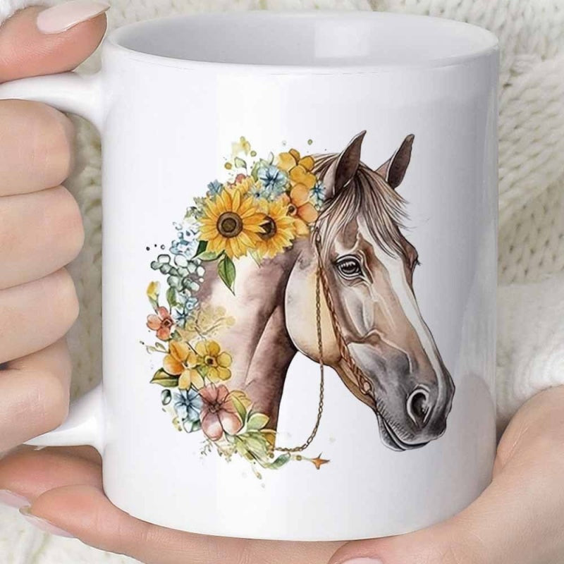Tailorly White Ceramic 11 oz Mug - Beautiful Majestic Horse Head Surrounded By Vibrant Sunflowers And Flowers Horse