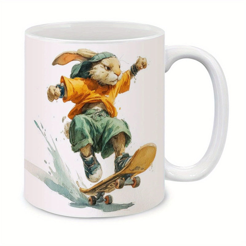 Tailorly White Ceramic 11 oz Mug - Cool Urban Style Skater Bunny Performing Tricks With Dynamic Watercolor Splashes Rabbit