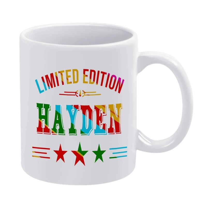 Tailorly White Ceramic 11 oz Mug - Limited Edition Hayden Colorful Vibrant Retro Typography With Decorative Stars Ceramic Mug
