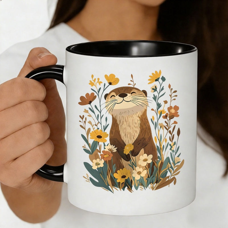 Tailorly Black Accent 11 oz Mug - adorable smiling otter and vibrant floral pattern