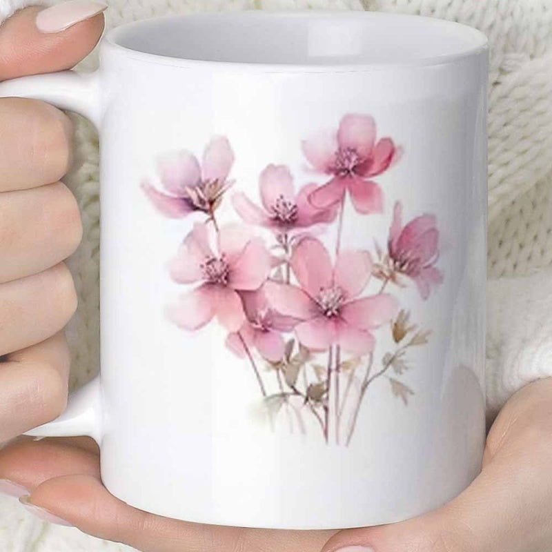 Tailorly White Ceramic 11 oz Mug - Delicate Pink Watercolor Blossoms Blooming Gracefully Among Soft Green Stems Flower