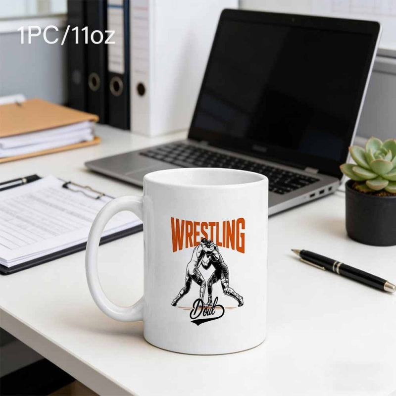 Tailorly White Ceramic 11 oz Mug - Wrestling Dad Competitive Athletes Engaging In Intense Sporting Activity For Match Action Wrestler