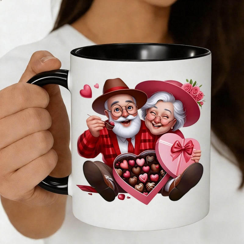 Tailorly Black Accent 11 oz Mug - romantic elderly couple with heart shaped chocolate box