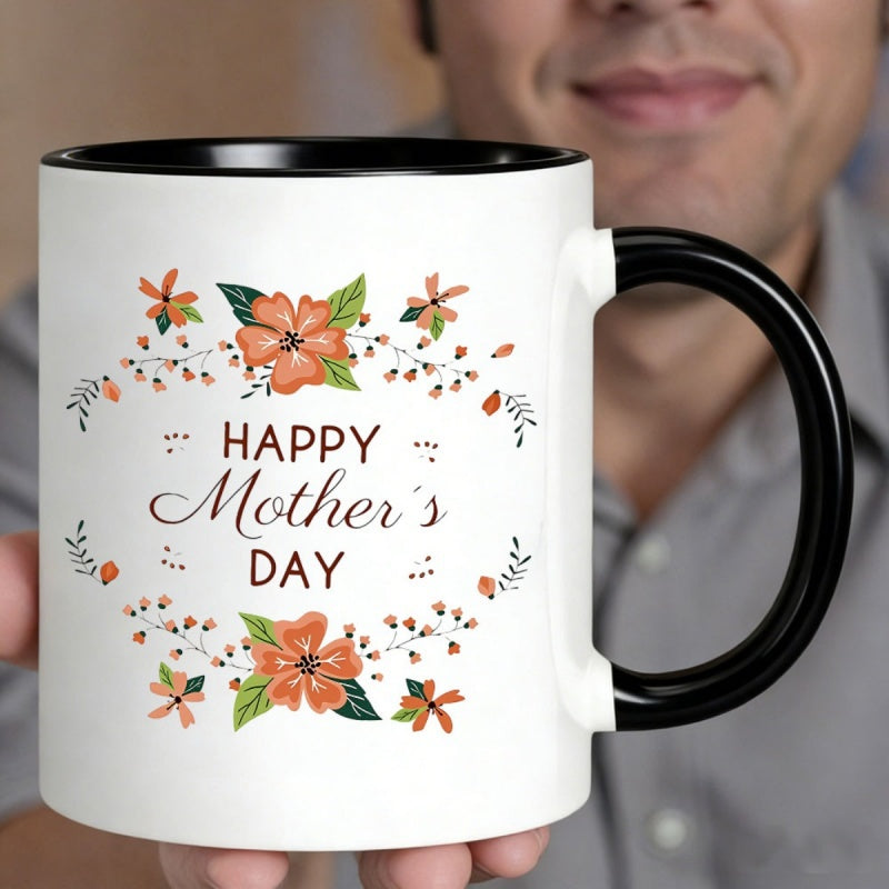 Tailorly Black Accent 11 oz Mug - orange floral and green leaf design