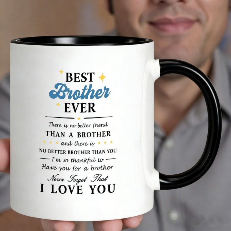 Tailorly Black Accent 11 oz Mug - best brother ever text with blue letters on black background
