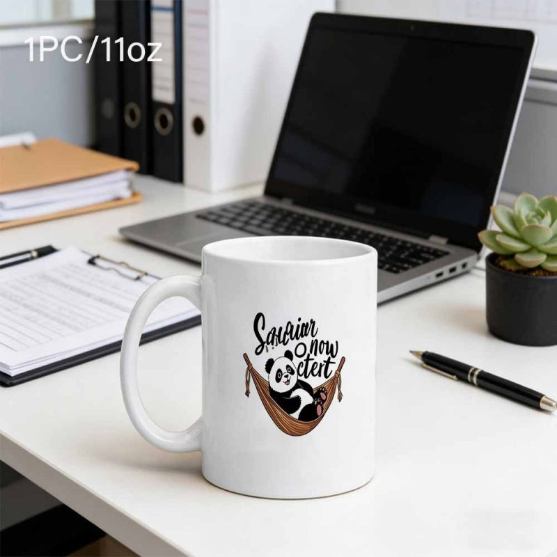 Tailorly White Ceramic 11 oz Mug - Savior Cute Fluffy Animal Resting Inside A Brown Hanging Hammock Panda