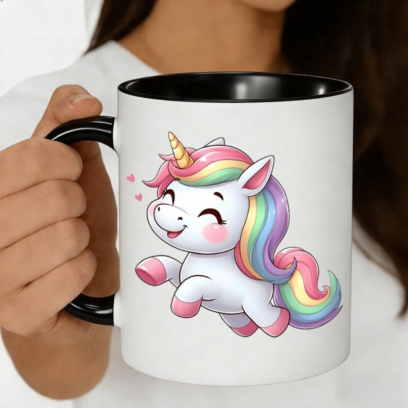 Tailorly Black Accent 11 oz Mug - cute rainbow unicorn with colorful hair and heart eyes