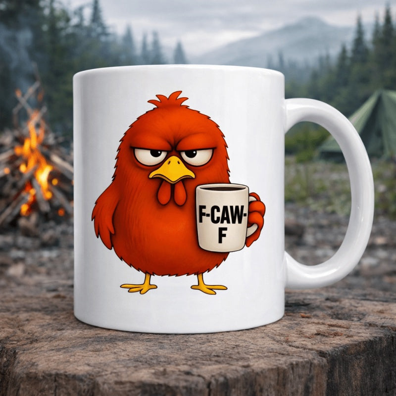 Tailorly White Ceramic 11 oz Mug - F Caw F Grumpy Round Red Bird Holding A Steaming Coffee Mug Chicken