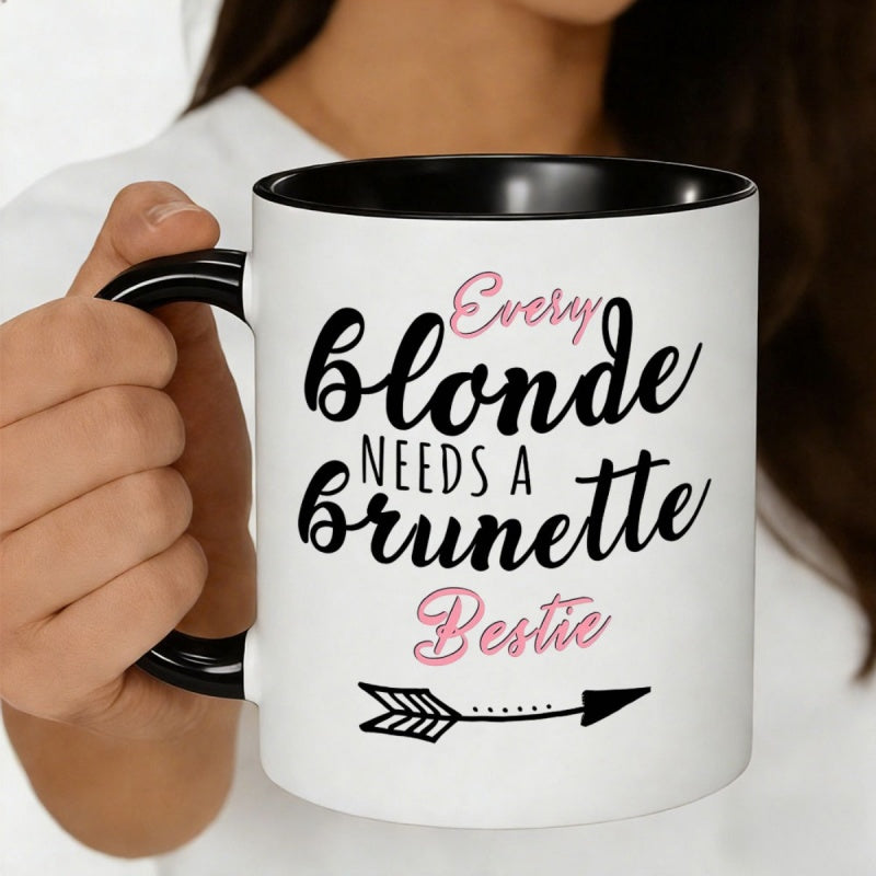 Tailorly Black Accent 11 oz Mug - blonde needs a brunette bestie quote textarrow design
