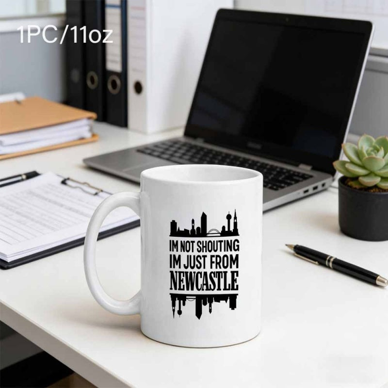 Tailorly White Ceramic 11 oz Mug - Im Not Shouting Im Just From Newcastle Urban City Skyline With Iconic Landmarks Under A Solid Background Silhouette