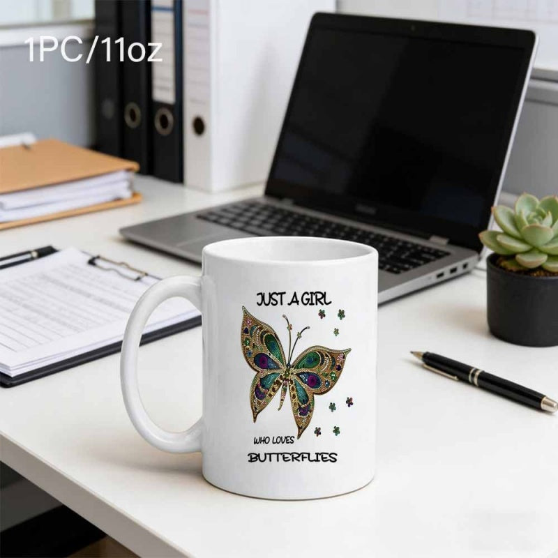 Tailorly White Ceramic 11 oz Mug - Just A Girl Who Loves Butterflies Intricate Peacock Feather Pattern Wings With Delicate Accents Decorative Butterfly