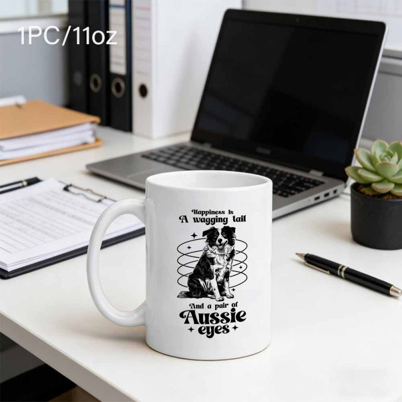 Tailorly White Ceramic 11 oz Mug - Happiness Is A Wagging Tail And A Pair Of Aussie Eyes Realistic Black And White Sketch Of Sitting Dog Among Swirling Orbits