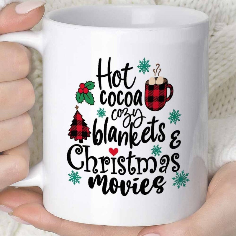 Tailorly White Ceramic 11 oz Mug - Hot Cocoa Cozy Blankets Christmas Movies Festive Holiday Pattern With Buffalo Plaid Elements And Snowflakes Ornaments Mug