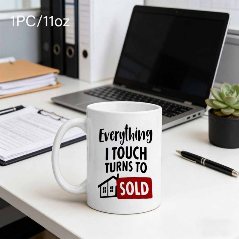 Tailorly White Ceramic 11 oz Mug - Everything I Touch Turns To Sold Minimalist Line Drawing With Red Accent Box Showing A Simple House