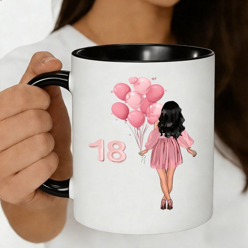 Tailorly Black Accent 11 oz Mug - 18th birthday girl with balloons
